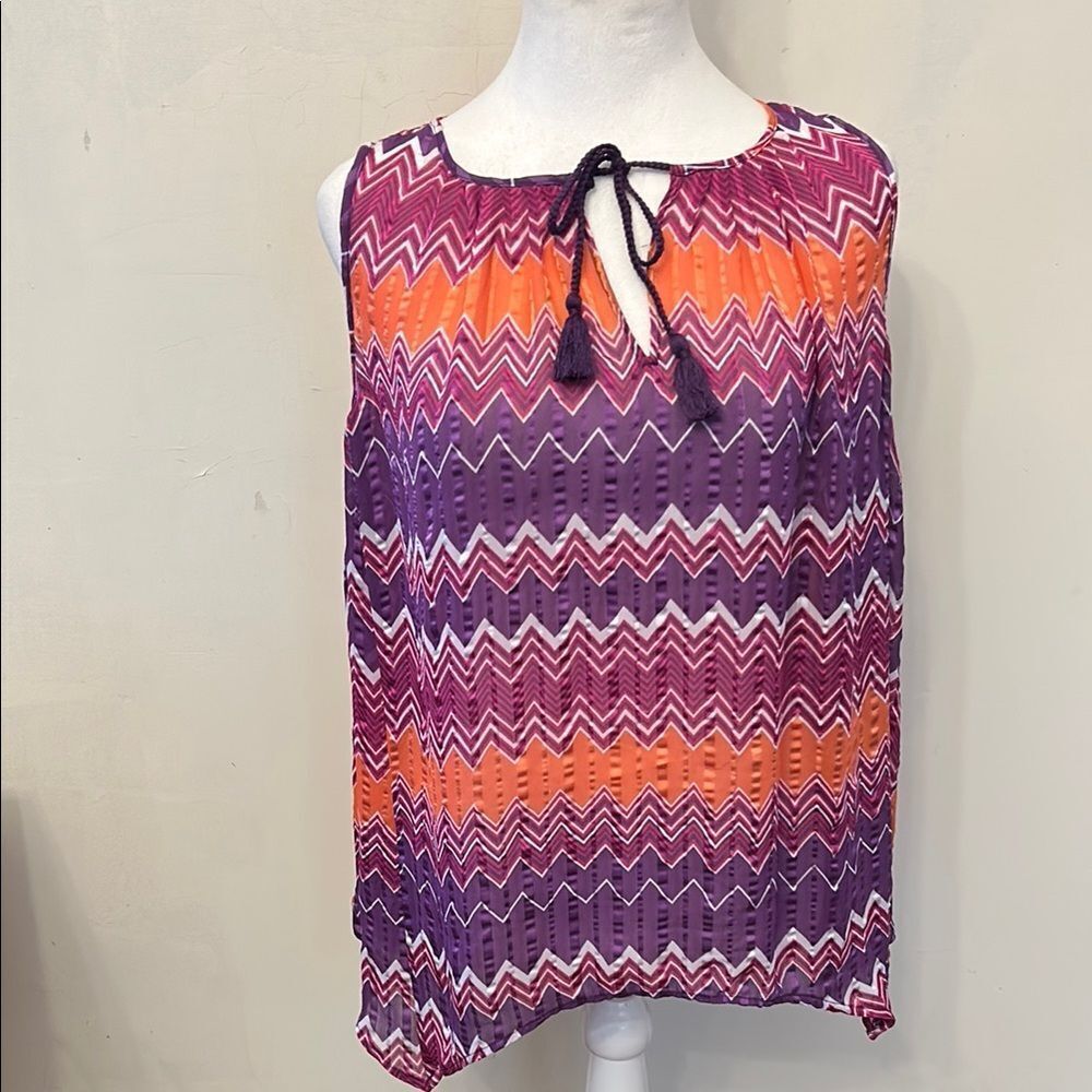 STYLUS Purple and Orange Sleeveless Tie Front Blouse Size S EUC
